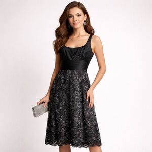 Carmen Marc Valvo Silk Bodice Lace Cocktail Dress Saks Fifth Ave Black Size 2